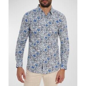 ROBERT GRAHAM Shirt Mens Medium White Blue Floral Tailored Fit STRETCH Leif $178